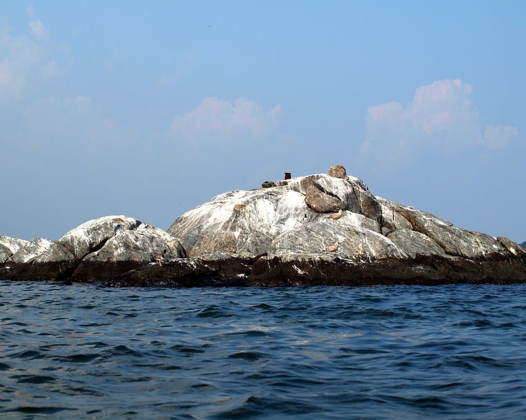A rocky islet streaked with white granite rising from dark water under a pale blue sky
